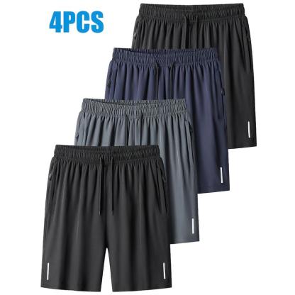 4 piezas Shorts deportivos casuales de verano para hombres, con bolsillos con cremallera - Tela transpirable, diseño atlético con bolsillo resguardado para teléfono y tira reflectante